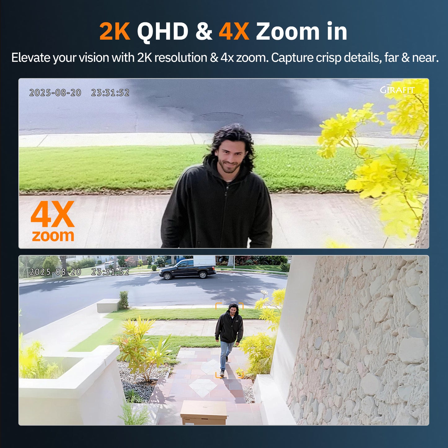 Girafit 2K Second Floor Window Camera ChroMax Al Color Night Vision, 2.4GHz & 5GHz Wi-Fi Indoor Security Cameras, Person & Motion Detection, 24/7 Recording, Easy & Quick Install, MicroSD Card Local Monitoring